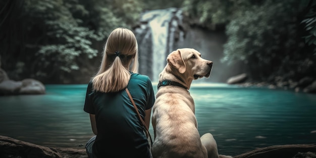 Femme active en randonnée vers la cascade avec un chien labrador retriever