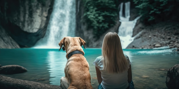 Femme active en randonnée vers la cascade avec un chien labrador retriever