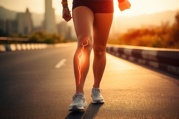 Une femme active se propulse sans effort vers l'avant sur une route panoramique, sa jambe surélevée à mi-foulée Femme souffrant de douleurs au genou alors qu'elle court sur la route Concept de soins de santé généré par l'IA