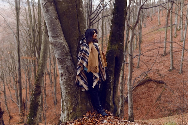 Une femme admire les vues d'automne par une froide journée dans le bois