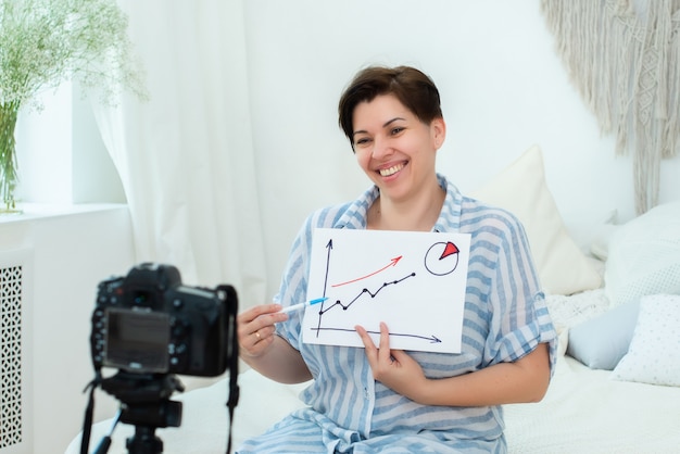 Une femme adulte est assise sur un lit à la maison