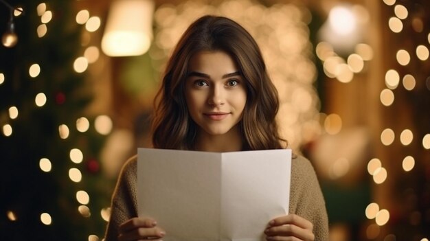 Une femme adulte montre une feuille de papier blanche sur un fond flou