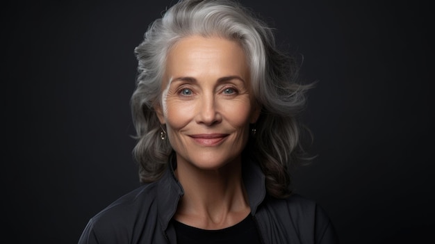 Une femme adulte avec une peau de visage lisse et saine une belle femme âgée avec des cheveux gris et heureuse