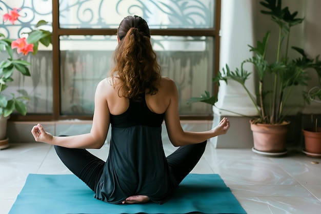 Une femme adulte pratiquant le yoga à la maison