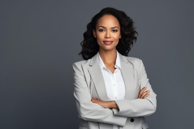 Femme d'affaires africaine sur mur gris regardant