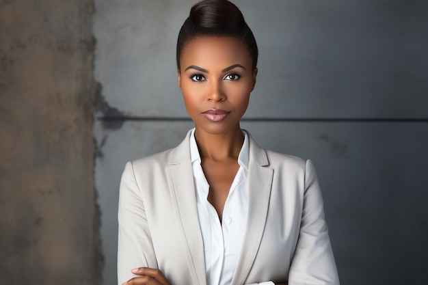 Une femme d'affaires africaine sur un mur gris.