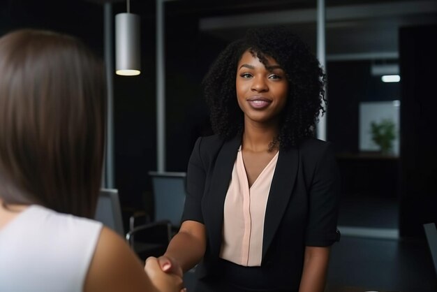 Photo femme d'affaires afro-américaine confiante serrant la main d'un collègue au bureau ai générative