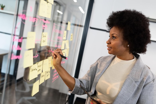 Photo femme d'affaires afro-américaine écrivant des notes sur un mur de verre tenant une tablette numérique