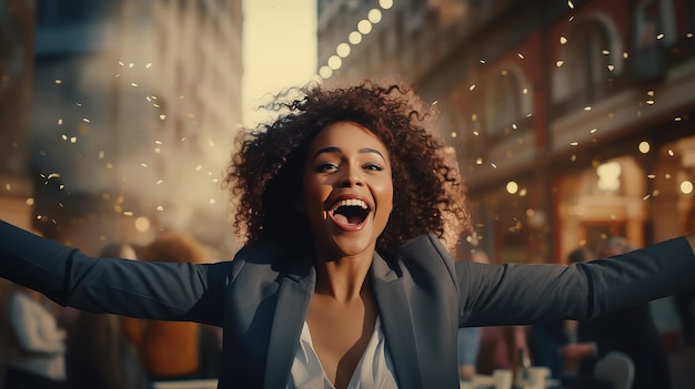 Photo une femme d'affaires afro-américaine excitée célébrant le succès s'amusant une belle femme noire heureuse