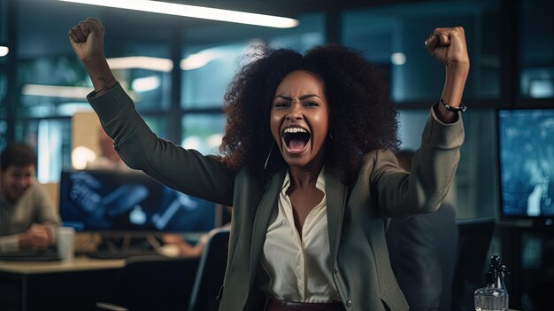 Une femme d'affaires afro-américaine excitée sur le lieu de travail célébrant l'affaire réussie.