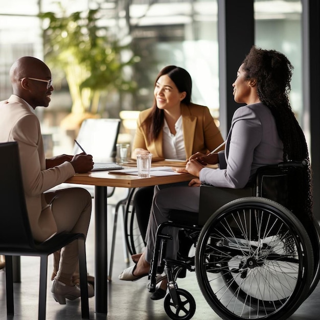 Photo une femme d'affaires afro-américaine handicapée discutant d'un plan d'affaires avec des collègues lors d'une réunion