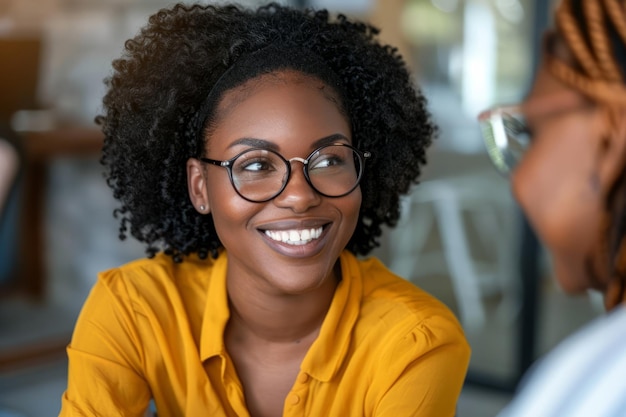Une femme d'affaires afro-américaine joyeuse engage une conversation avec un emploi
