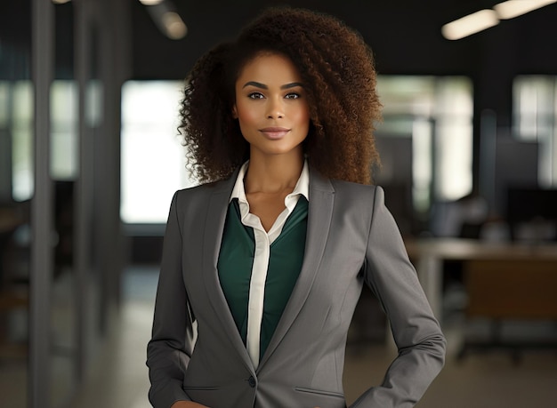 Femme d'affaires afro-américaine portant un blazer sur fond de bureau