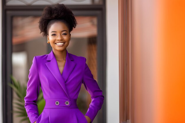 Photo une femme d'affaires afro-américaine souriante en costume violet posant à l'extérieur