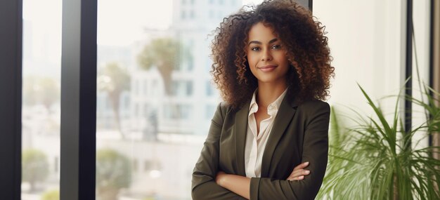 Photo femme d'affaires afro-américaine tenant un ordinateur portable et debout près de la fenêtre