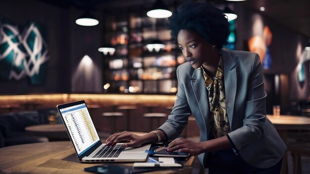 Une femme d'affaires afro-américaine travaillant sur un ordinateur dans un bar.