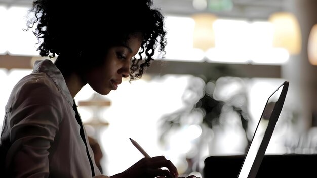 Photo femme d'affaires afro-américaine travaillant sur un ordinateur portable à l'aéroport avant un voyage d'affaires concept femme professionnelle voyage d'affaires aéroport travail laptop utiliser femme d'affaires africaine américaine