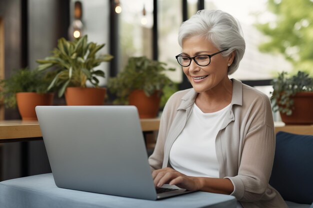 Une femme d'affaires âgée utilise un logiciel en ligne d'application d'affaires