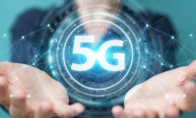 Femme d'affaires à l'aide de l'interface réseau 5G, rendu 3D