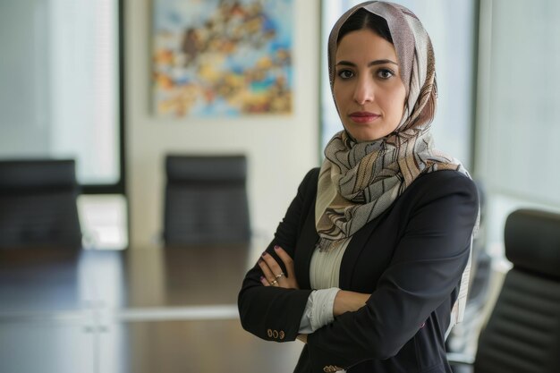 Photo une femme d'affaires arabe accomplie se tient confiante avec les bras croisés dans le