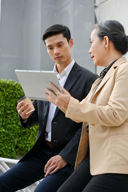 Femme d'affaires asiatique âgée ayant une conversation avec un directeur financier masculin dans le parc