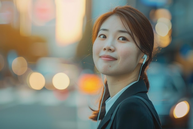 Une femme d'affaires asiatique attend un taxi. Une jeune femme écoute de la musique en ville.