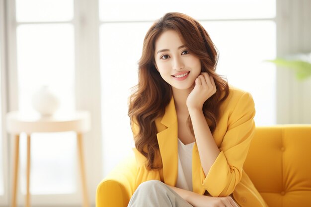 Une femme d'affaires asiatique en blazer jaune souriant sur un fond flou