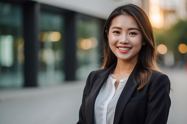 Une femme d'affaires asiatique en blazer souriant sur un fond flou