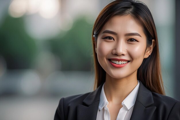 Une femme d'affaires asiatique en blazer souriant sur un fond flou