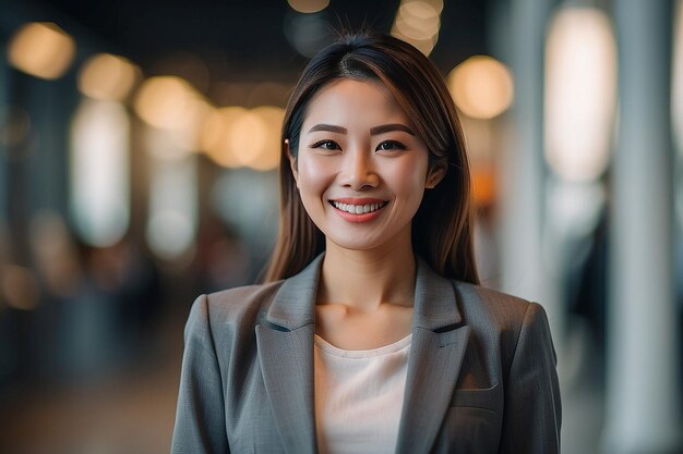 Une femme d'affaires asiatique en blazer souriant sur un fond flou