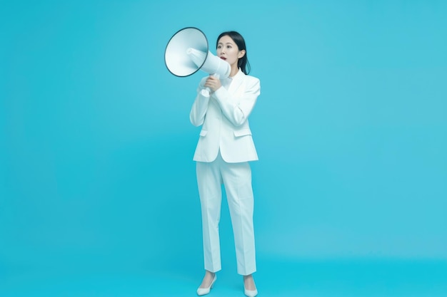 Une femme d'affaires asiatique en costume blanc avec un discours au mégaphone.