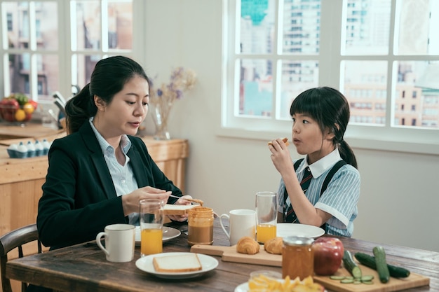 femme d'affaires asiatique en costume enduisant de beurre de cacahuète sur du pain assis à la table en bois de la cuisine avec sa fille. jeune travailleuse maman réussie prenant son petit déjeuner avec un enfant le matin avant le travail et l'école.