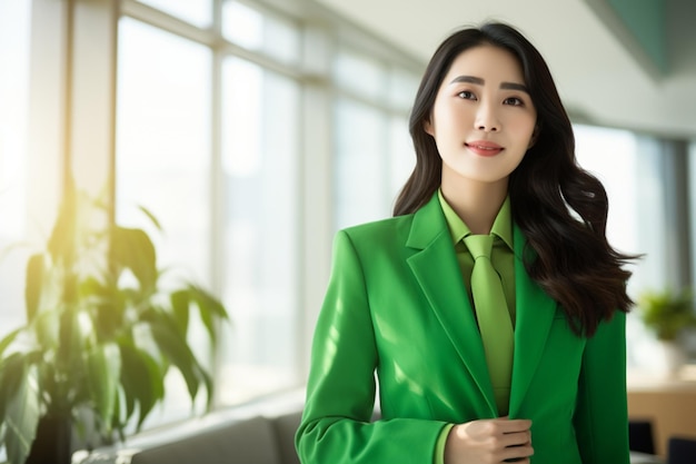 Femme d'affaires asiatique en costume vert avec une expression heureuse