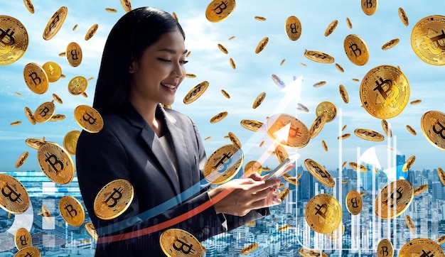 femme d'affaires asiatique et fond de pièces crypto