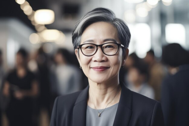 Femme d'affaires asiatique intelligente mature visage souriant debout dans un arrière-plan flou d'un bureau occupé Generative AI AIG20