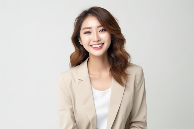 Femme d'affaires asiatique portant un blazer beige souriant sur fond blanc