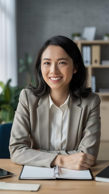 Une femme d'affaires asiatique se sent heureuse en souriant et en regardant la caméra tout en se relaxant au bureau à domicile.