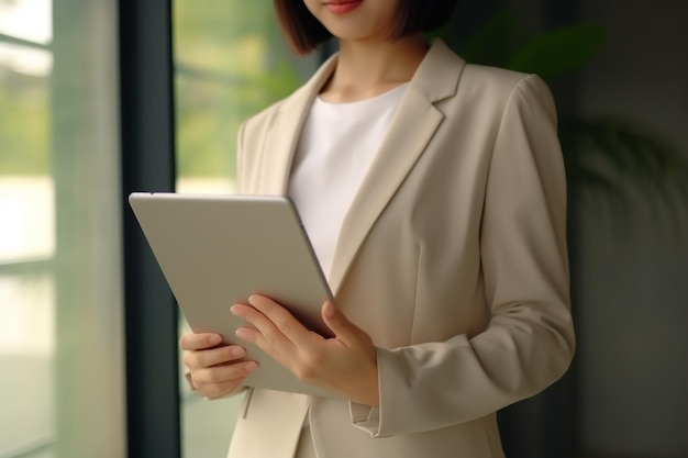 Femme d'affaires asiatique tenant une tablette sur fond noir