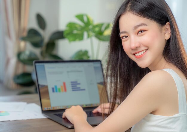 Photo une femme d'affaires asiatique travaillant dans un bureau à domicile sur la table avec un carnet d'ordinateur et une tasse de café