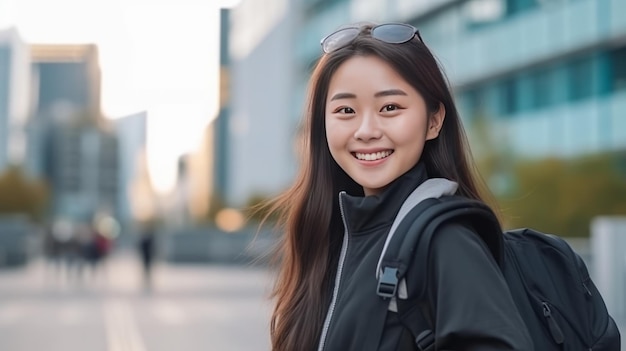 Une femme d'affaires asiatique va travailler au bureau et sourit, portant un sac à dos dans la rue autour du bâtiment d'une ville