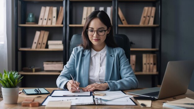 Une femme d'affaires assise à un bureau et travaillant avec des documents financiers d'une entreprise