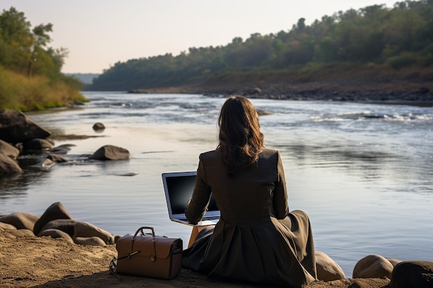 Une femme d'affaires assise à côté d'une rivière et travaillant sur une longue vue