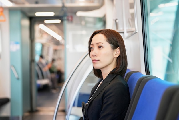 Une femme d'affaires assise sur un siège de train