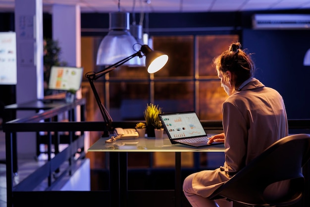 Femme d'affaires assise à une table de bureau dans un bureau d'affaires, analysant le plan d'investissement de planification de la stratégie de l'entreprise pour augmenter les bénéfices. Entrepreneur travaillant tard dans la nuit rapport de graphiques marketing