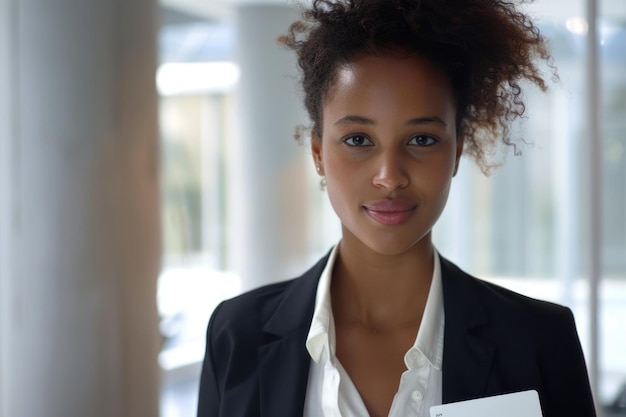 Photo une femme d'affaires attrayante avec des photos de carte de visite.