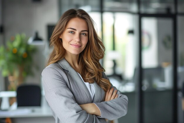 femme d'affaires au bureau avec les bras croisés