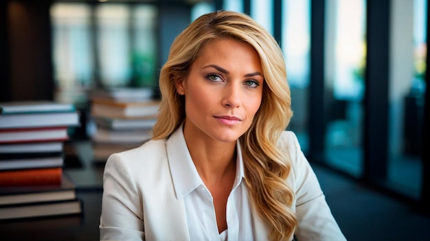 Une femme d'affaires blonde en costume.