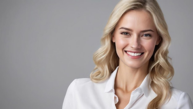 Une femme d'affaires blonde souriante montrant des signes d'accord, clignant des yeux et ayant l'air satisfaite, approuvant et louant smth.