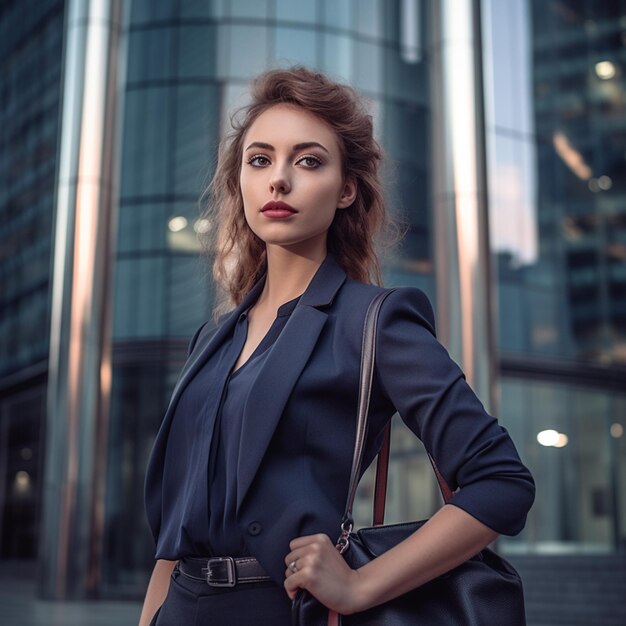 Une femme d'affaires brune aux cheveux longs et ondulés.