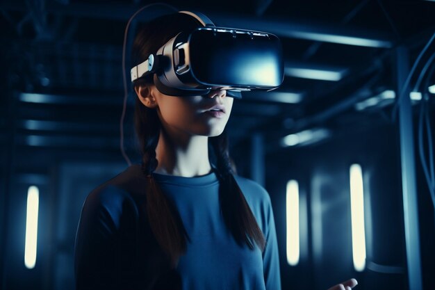 Femme d'affaires casque virtuel technologie ligne lunettes futur numérique néon concept IA générative